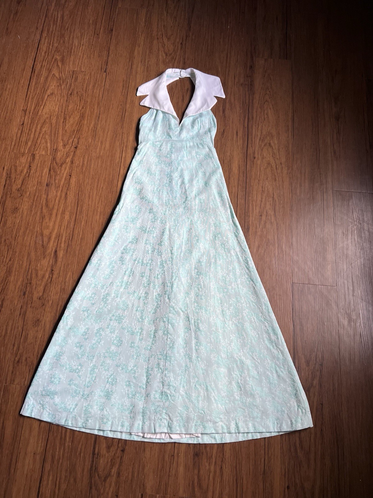Vintage 60s 70s Maxi Dress XS Aqua White Floral Sailor Halter Jacquard Formal