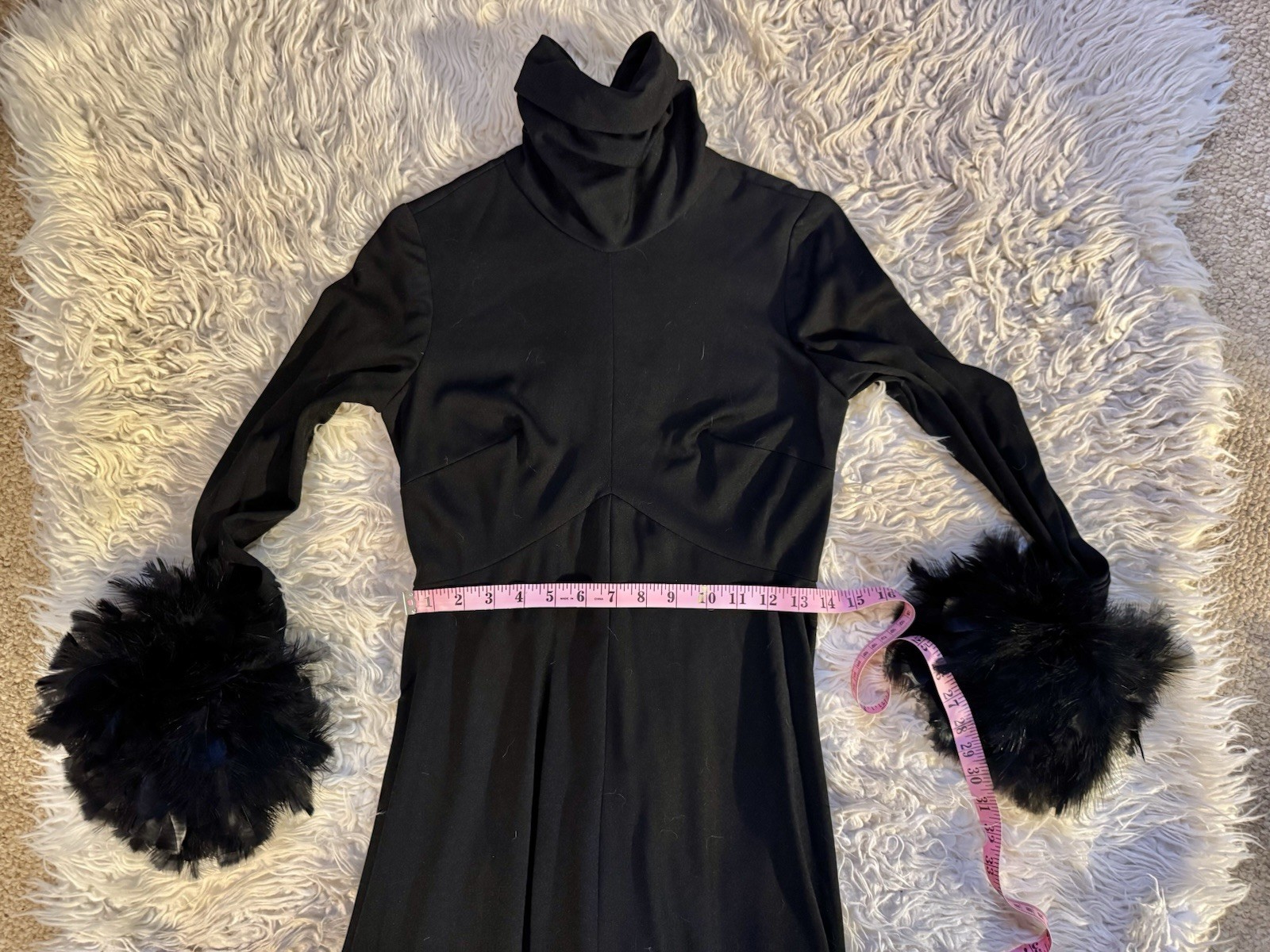 Vtg Joseph Magnin Black Feather Cuff Maxi Dress Goddess Gown Empire 60s 70s S