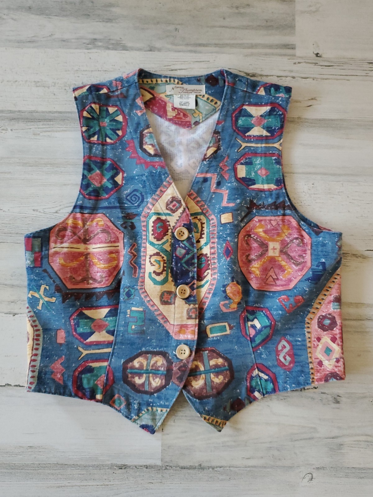 Vintage Norm Thompson Geometric Vest Blue Multicolor Size Small
