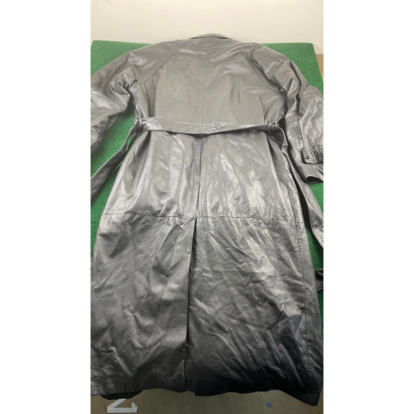 American Armor Black Leather Double Breasted Belted Trench Coat Classic Style