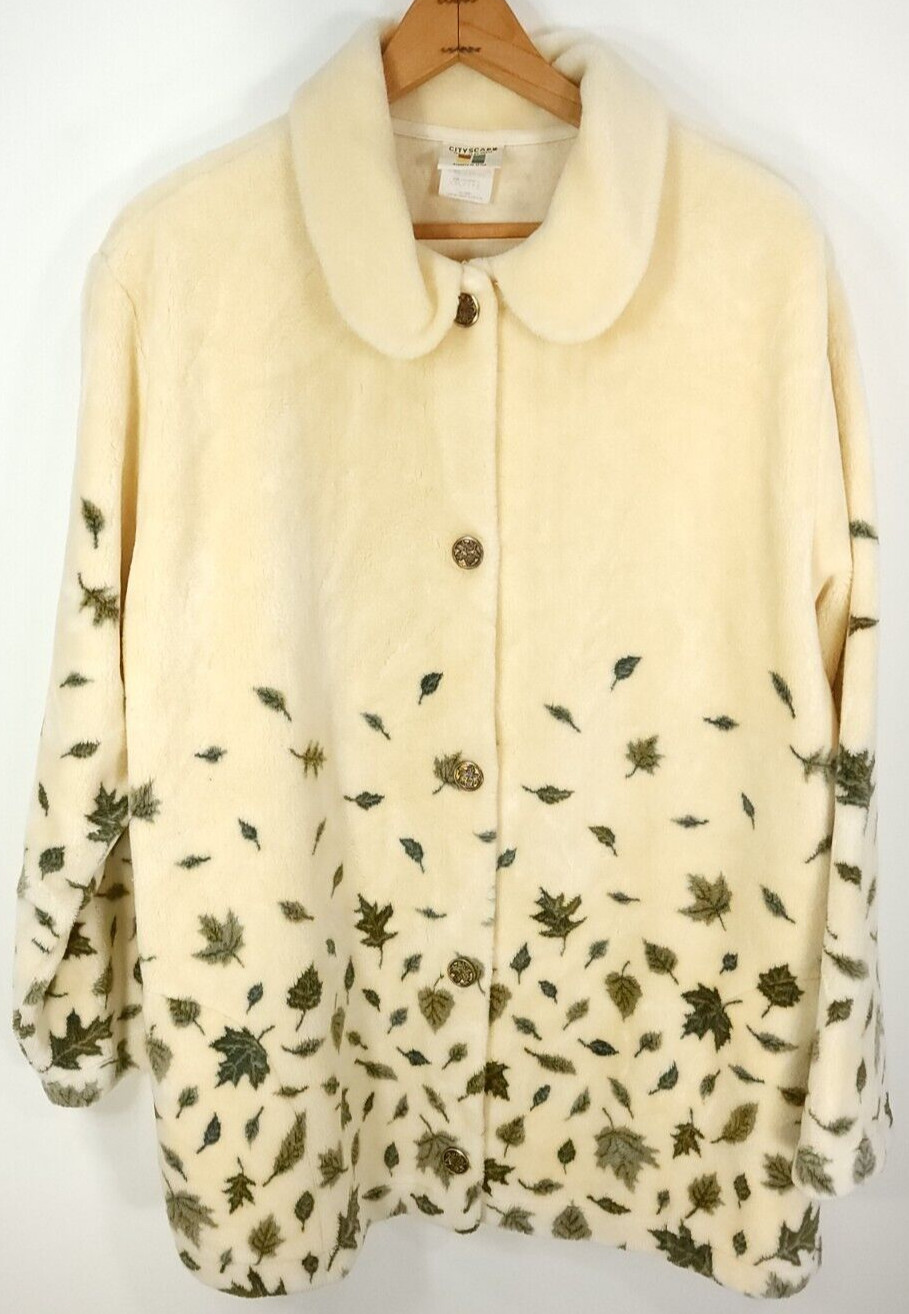Vtg Cityscape Fleece Jacket Women&rsquo;s XXL Cream Green Leaves Print Button Front
