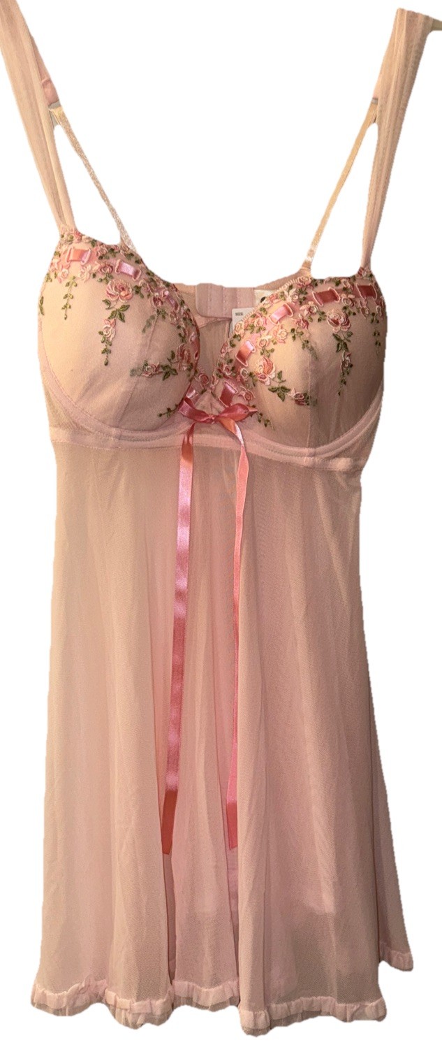 Enchanted Nightie Lingerie 2Pc Sheer Embroidered Flowers Pink Sexy Women’s S