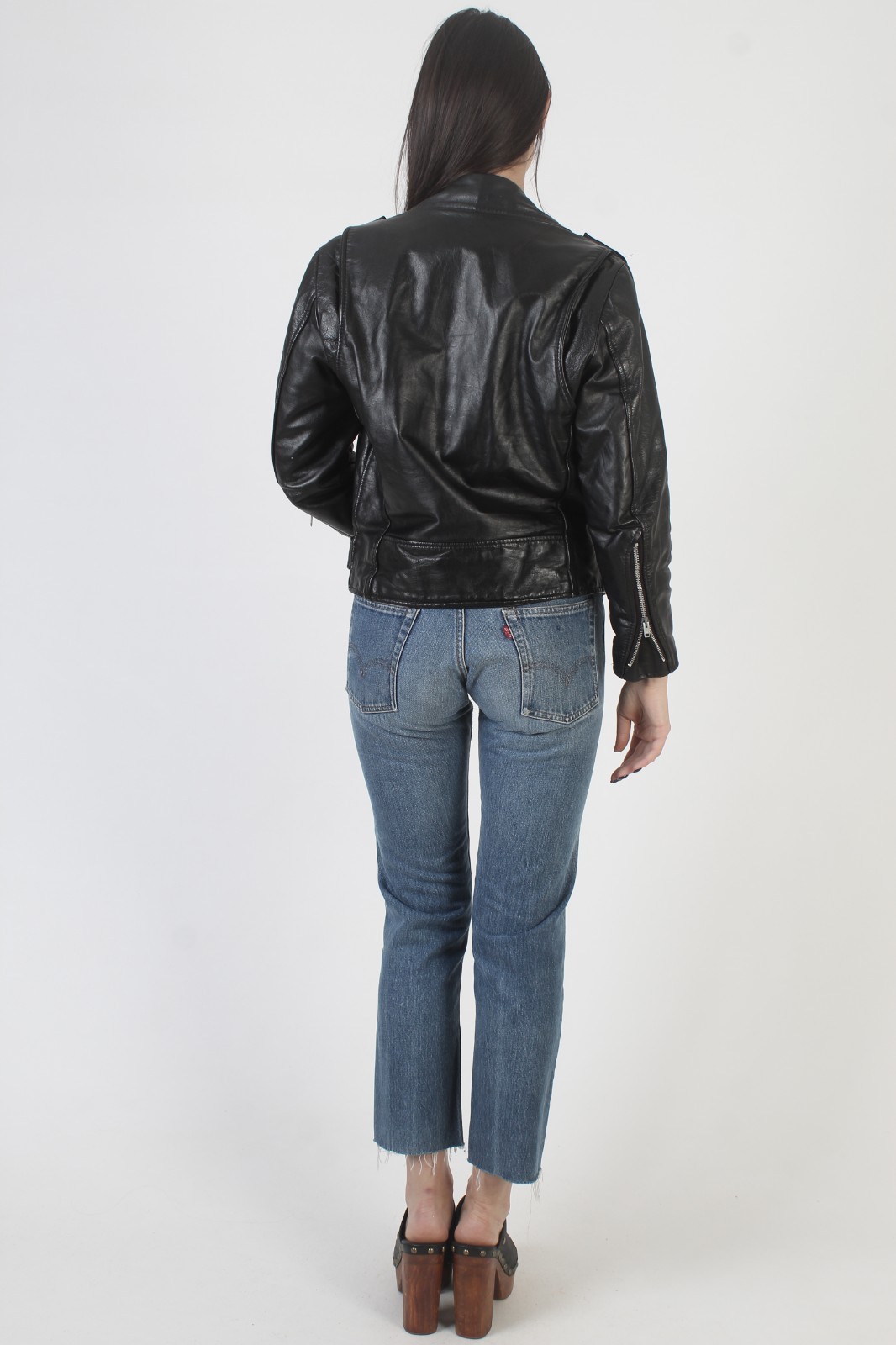 Vtg Gino Leather Black Leather Motorcycle Jacket Belted Asym Cropped Biker Coat