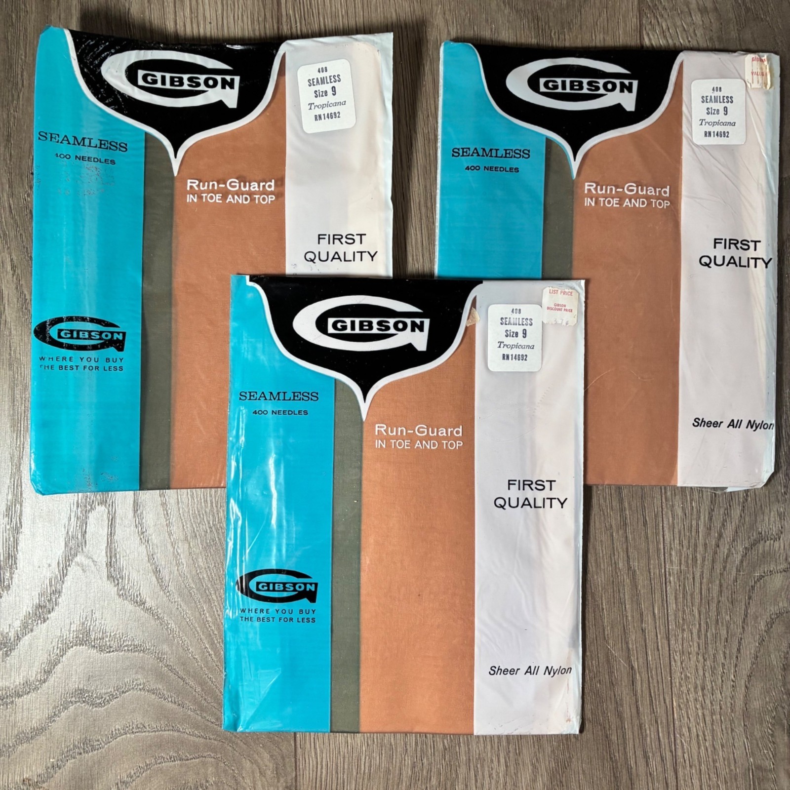 Gibson Seamless Run-Guard Nylon Stockings Size 9 Tropicana 1st Quality Lot Of 3