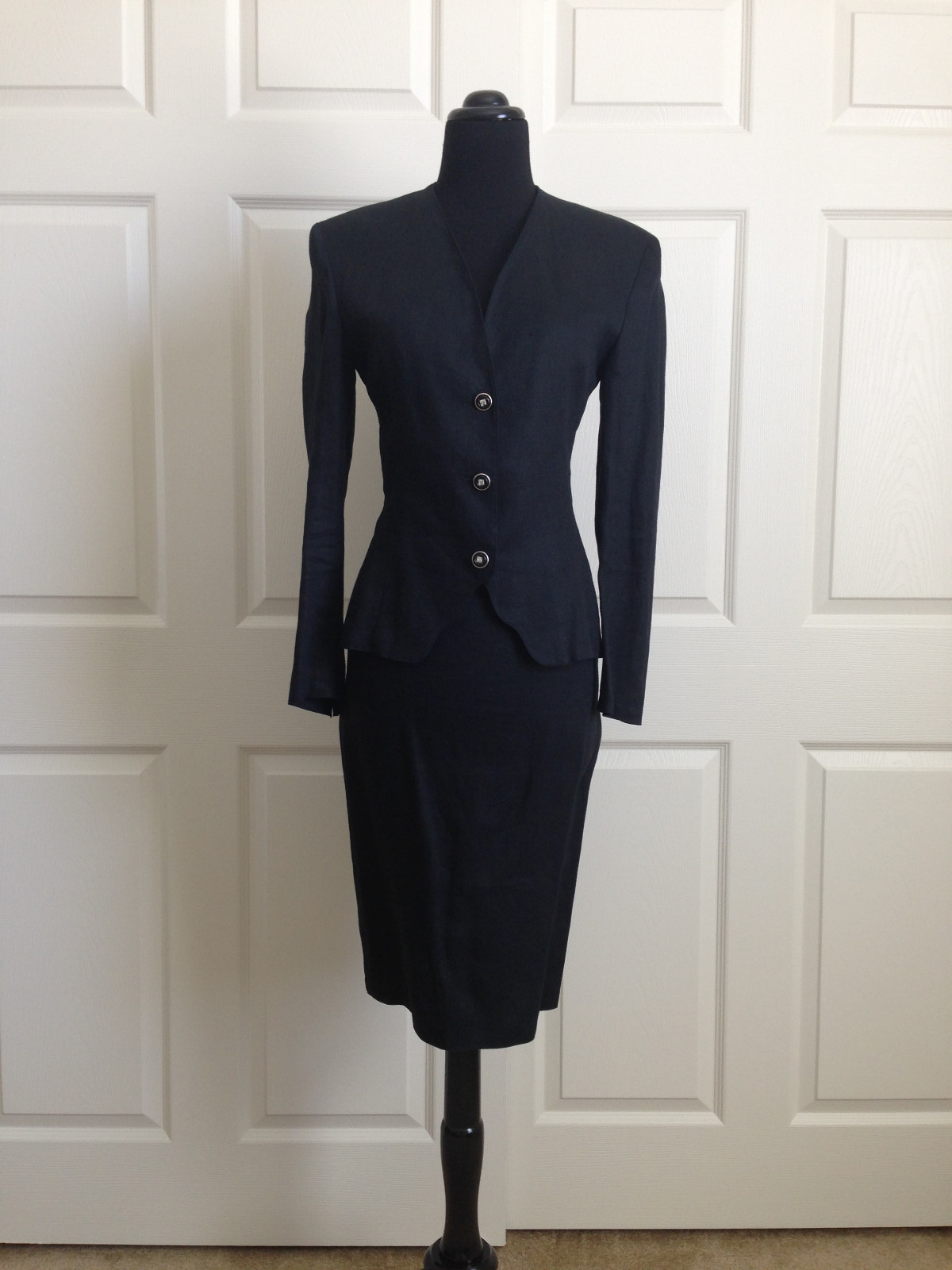 Vintage Gianni Versace Skirt Suit**Black Linen**SZ 4**Made in Italy**