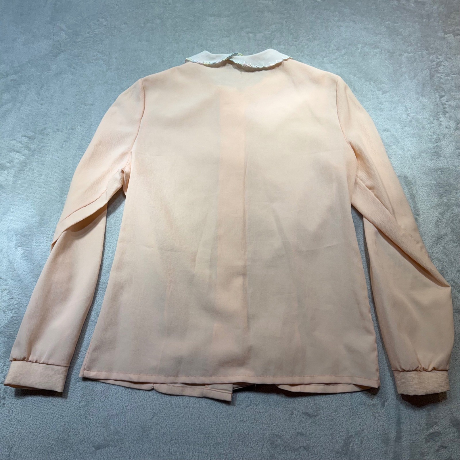 Vintage 70s Peach Embroidered Peter Pan Collar Blouse M Cottagecore Soft Girl