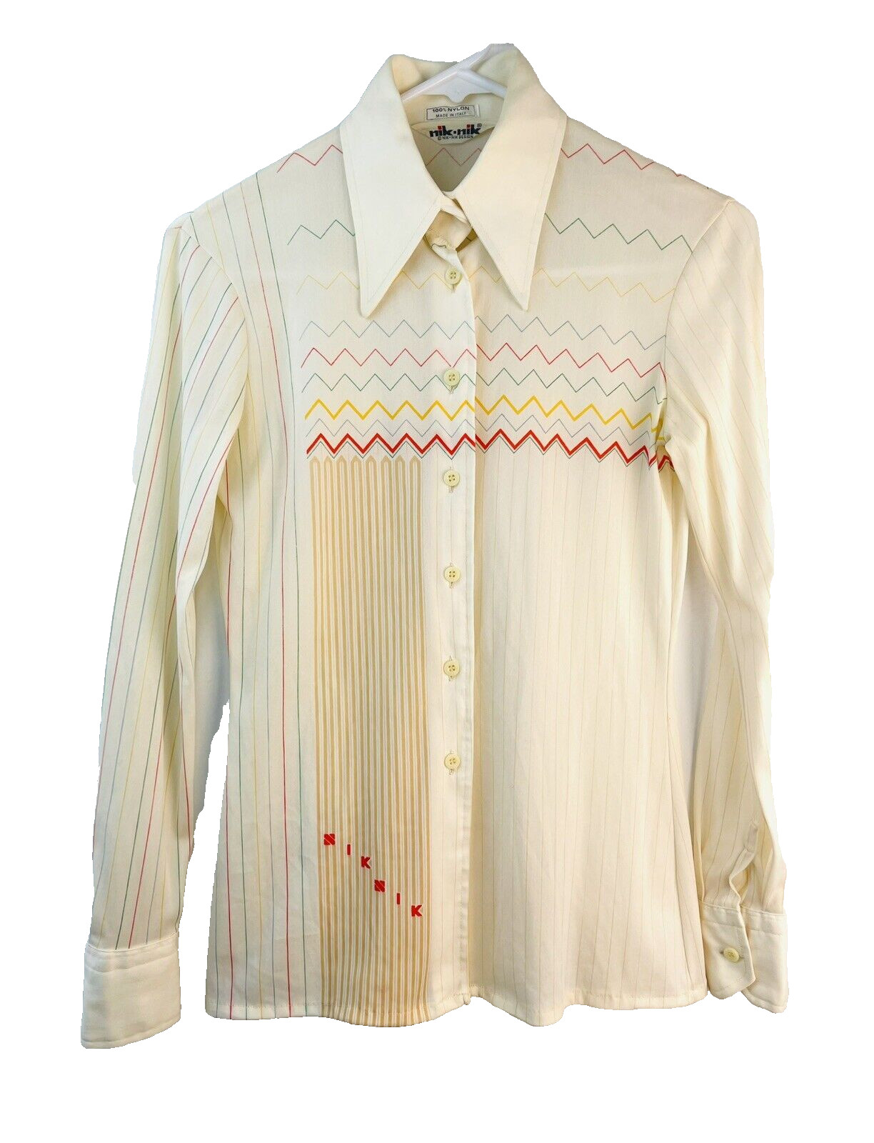 Vintage Nik Nik Disco Shirt Womens 5/6 Small 1970s Clubwear Cream Abstract Italy