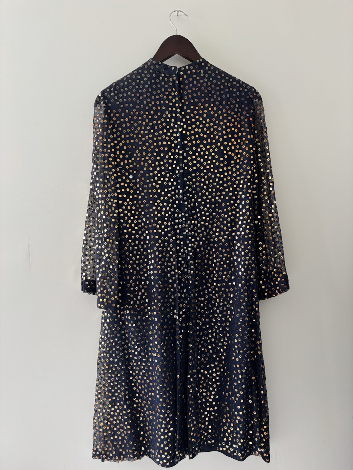 70s Joan Leslie by Kasper Sequin Party Dress Navy Gold Sheer Sleeve VTG