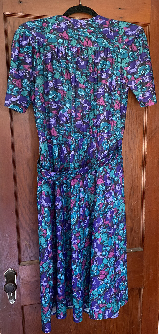 Vtg 80s Items Brand Polyester Belted Dress W/Pockets Sz 12 Floral Purple Teal