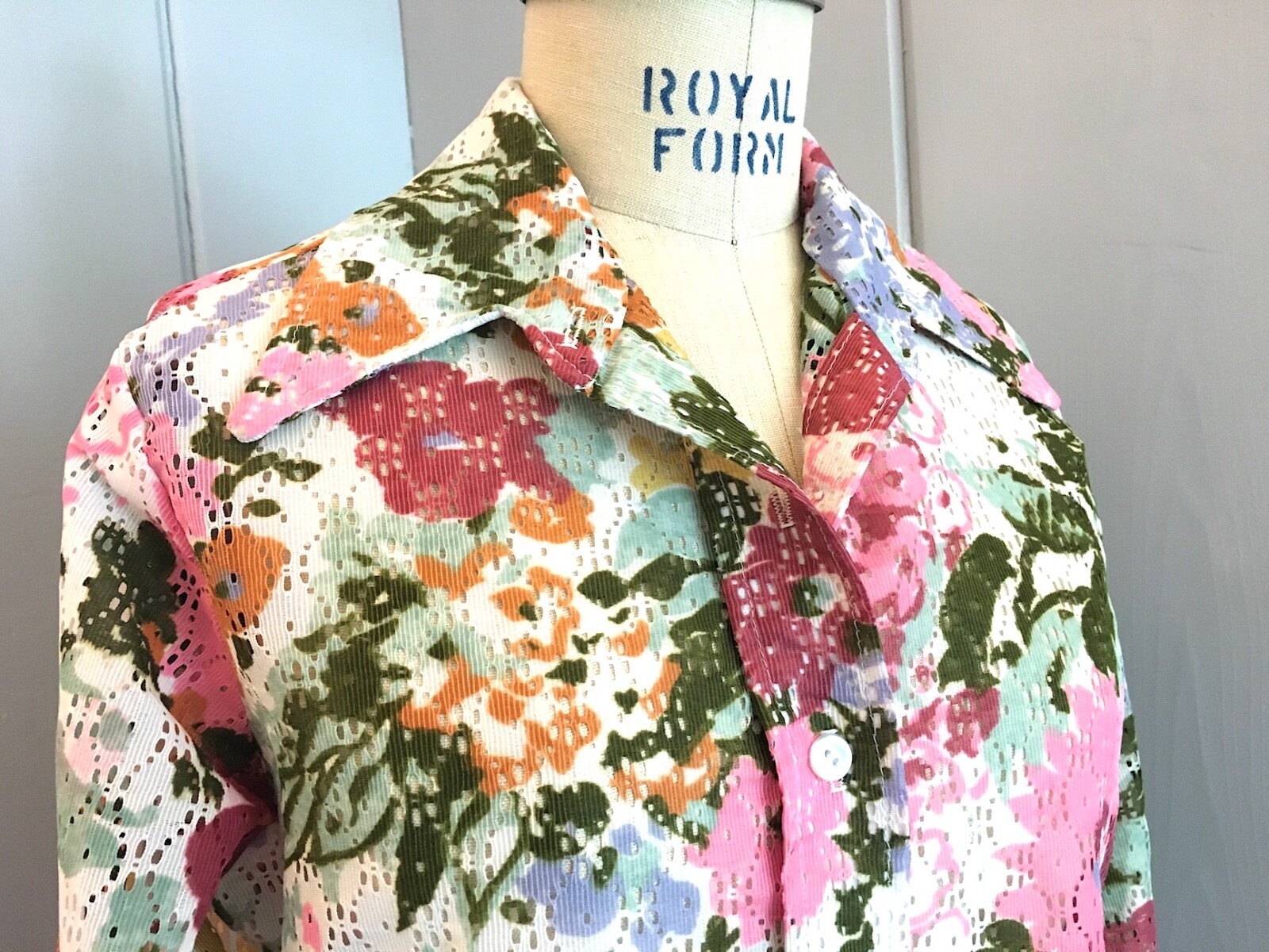 Vintage 1970&rsquo;s Floral Shirt with Unusual Eyelet Fabric, Size: Med Excellent Cond