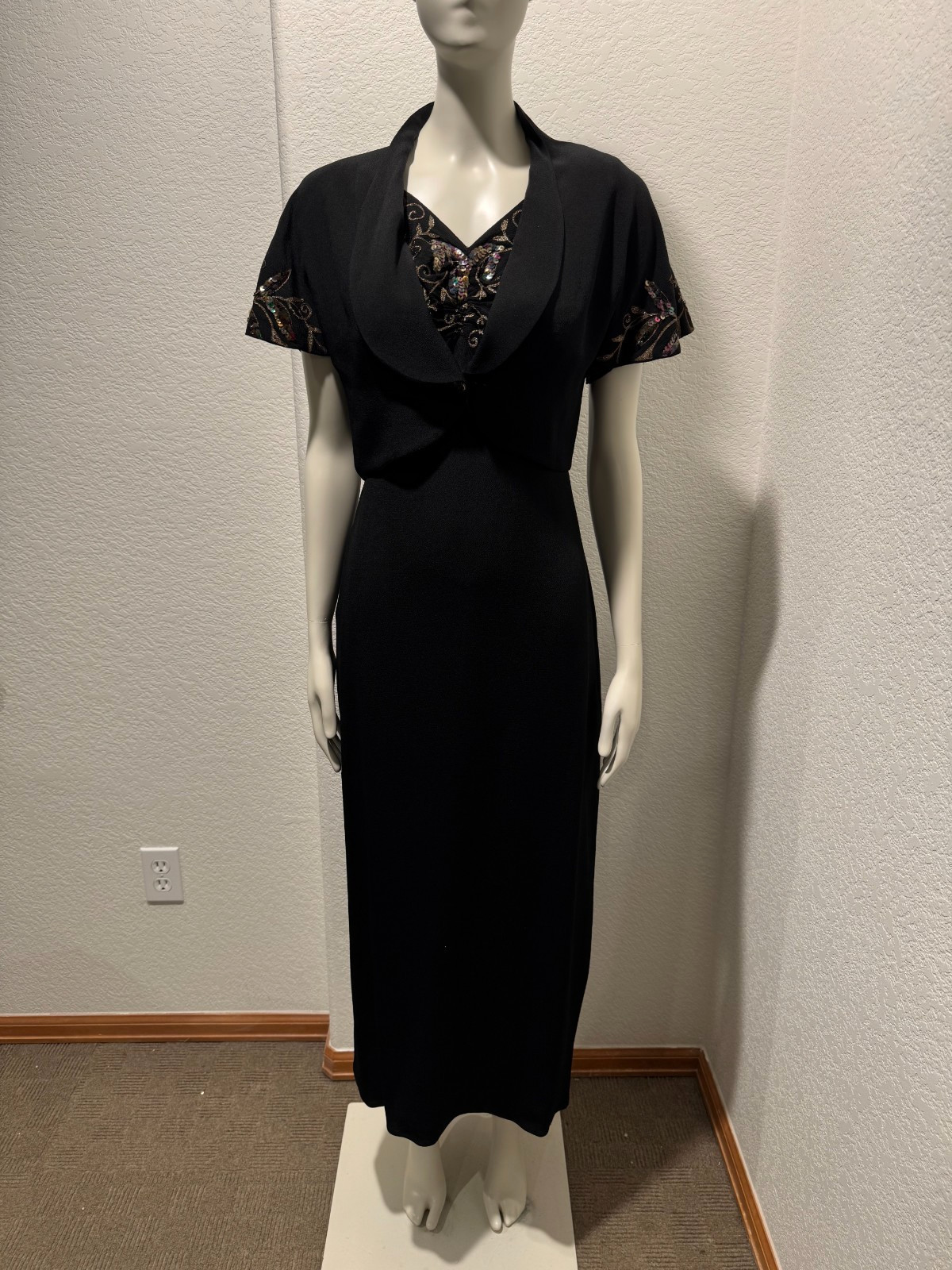 Eisenberg Maxi Dress Jacket Sequin Embroidered Rayon 2PC Formal Black 1940s Sz S