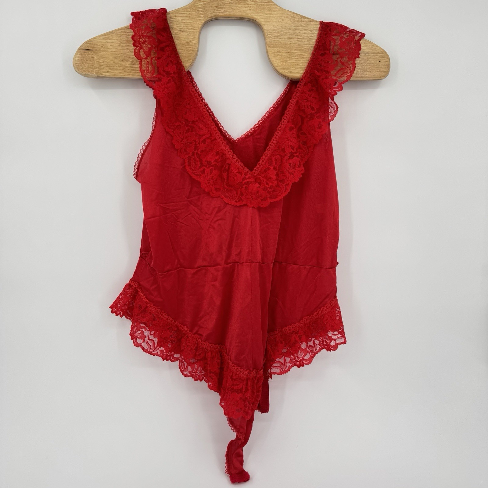 Vtg Alana Gale Size 3X Red Nylon Lace Ruffled French Cut Teddy Bodysuit Lingerie