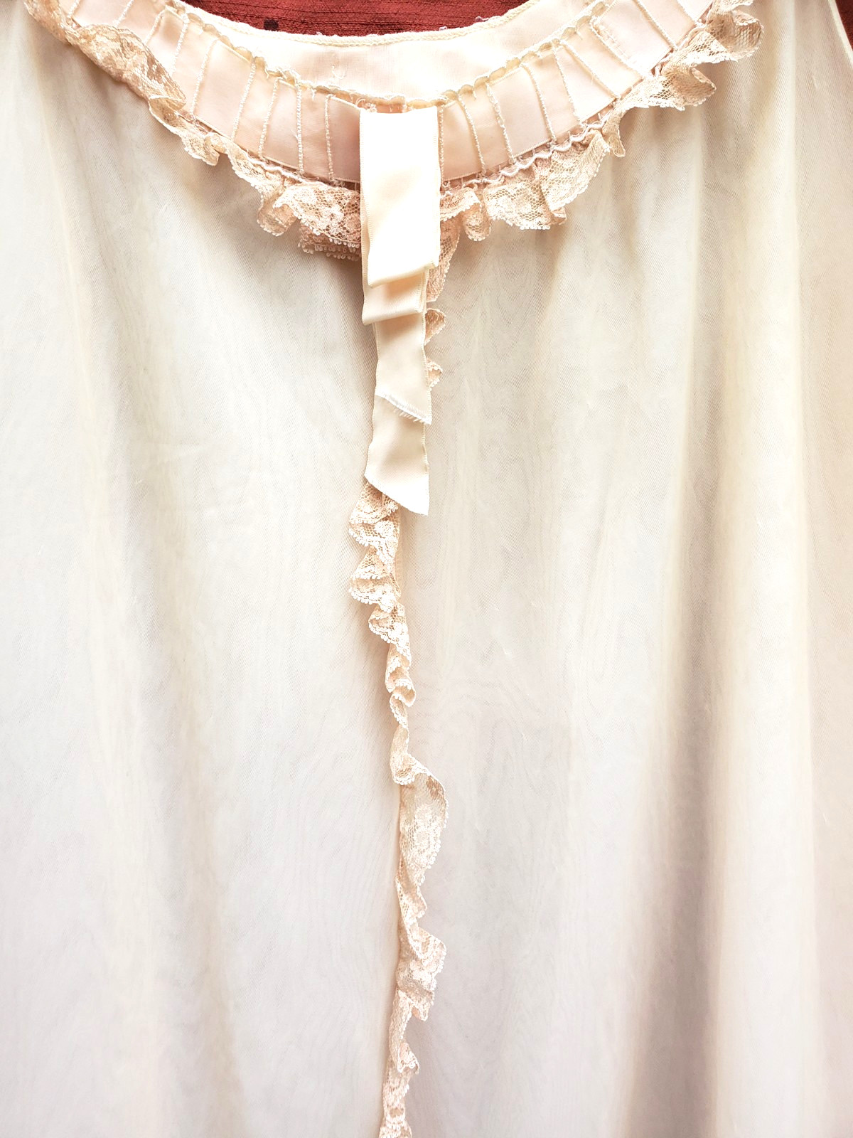 Vintage 60s Odette Barsa peach Double Nylon Gown Lace Ribbons Goddess Dress M