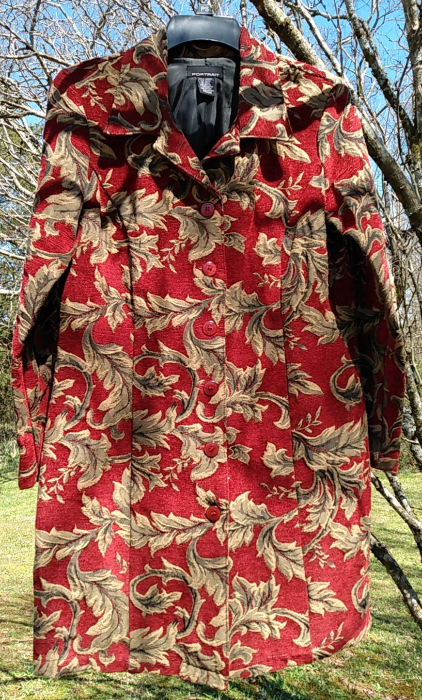 PORTRAIT 90s Lined Red and Gold Tapestry Jacquard Floral Coat/Jacket Long Boho