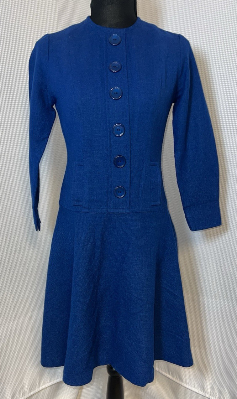Vintage Navy Suit Dress Midi Length Back Zip Long Sleeve Fake Pockets Size 4 w61