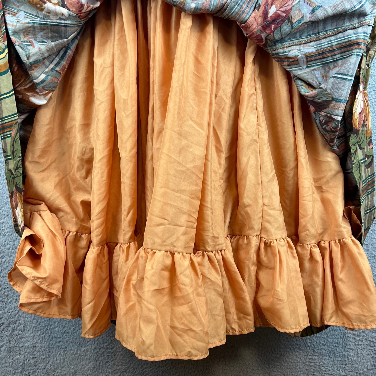 VTG Françoise Bouthillier Floral Plaid Dress Green Velvet Trim Midi Victorian