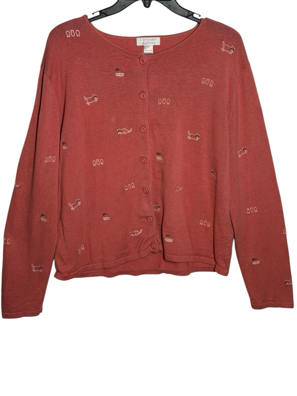 VTG Kitty Cat Fish Cardigan Sweater Embroidered Ramie Cotton Grandma Cottage M