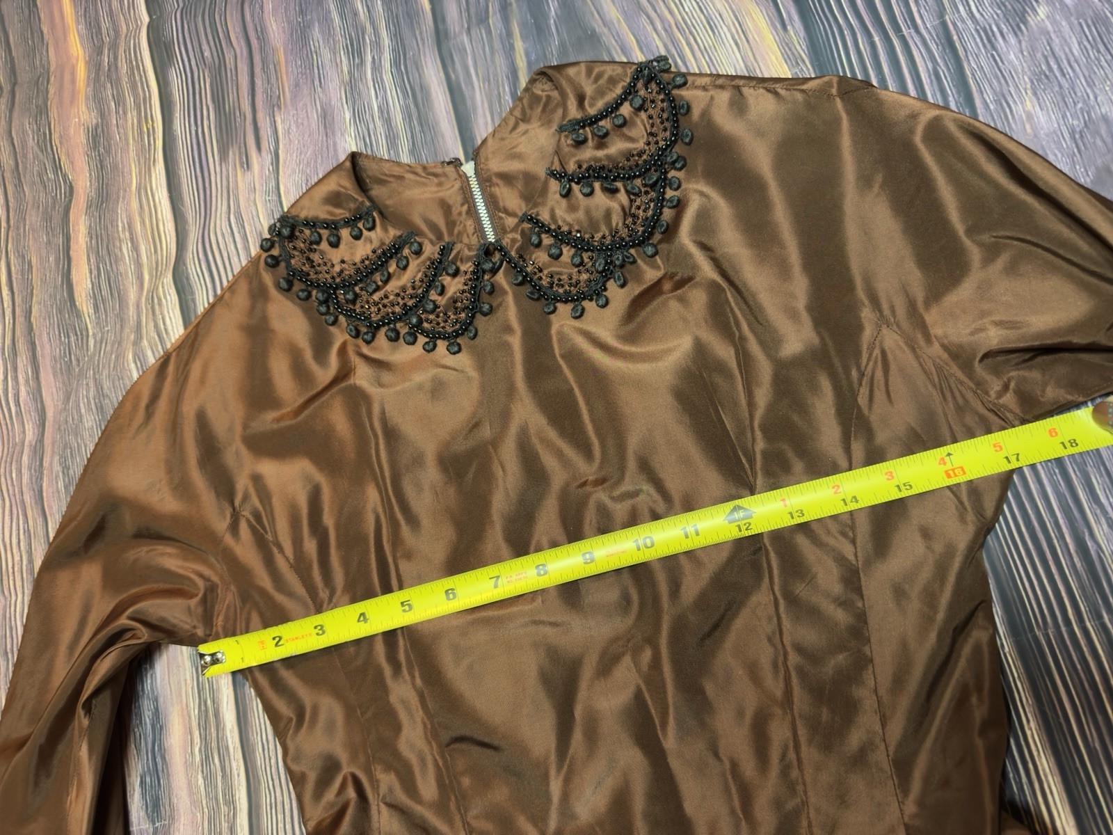 Vintage 50s Copper Victorian Goth Fit & Flare Cocktail Dress Beaded Collar SM/XS