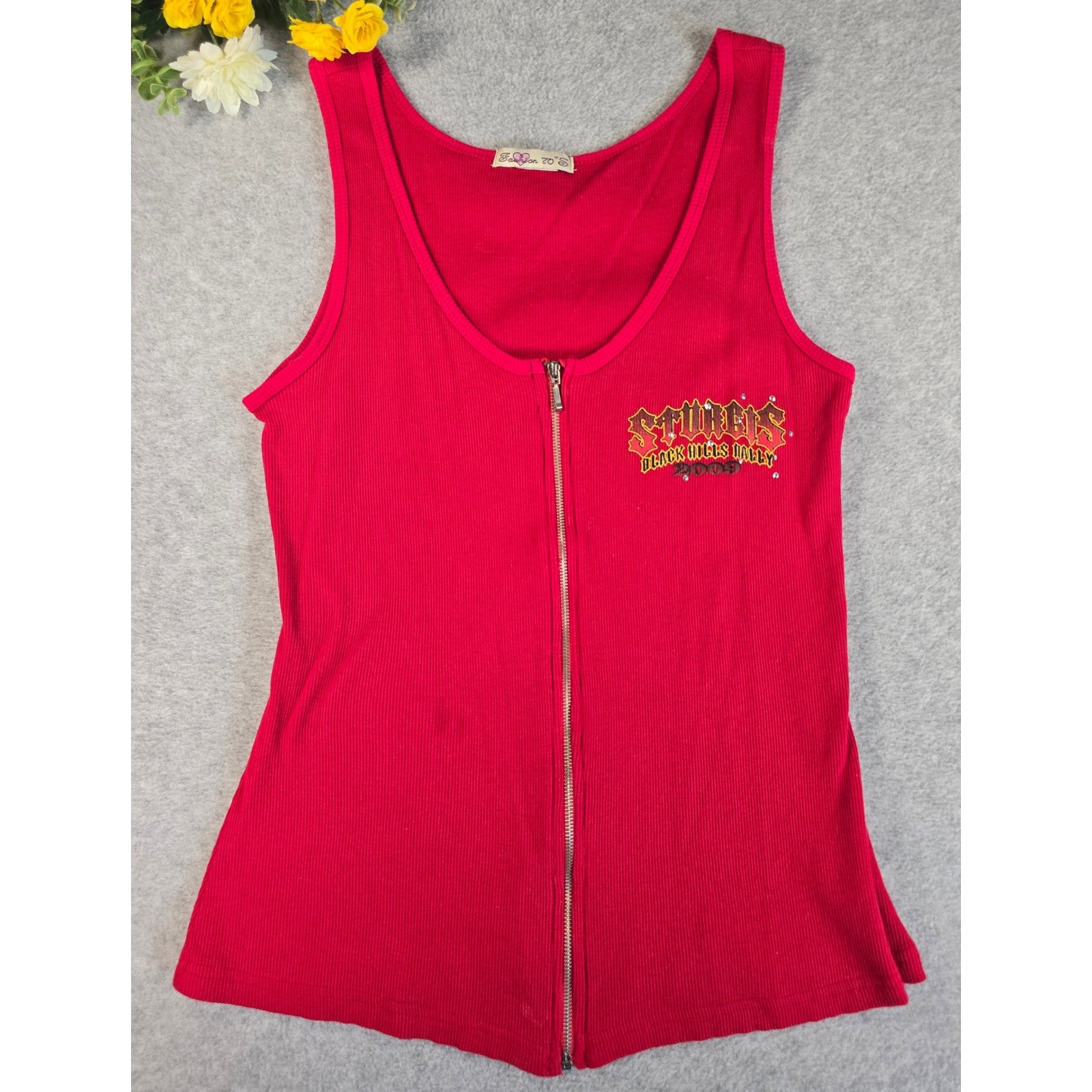 Sturgis Black Hills Rally 2009 Red Ribbed Full Zip Tank Top Small Biker Moto