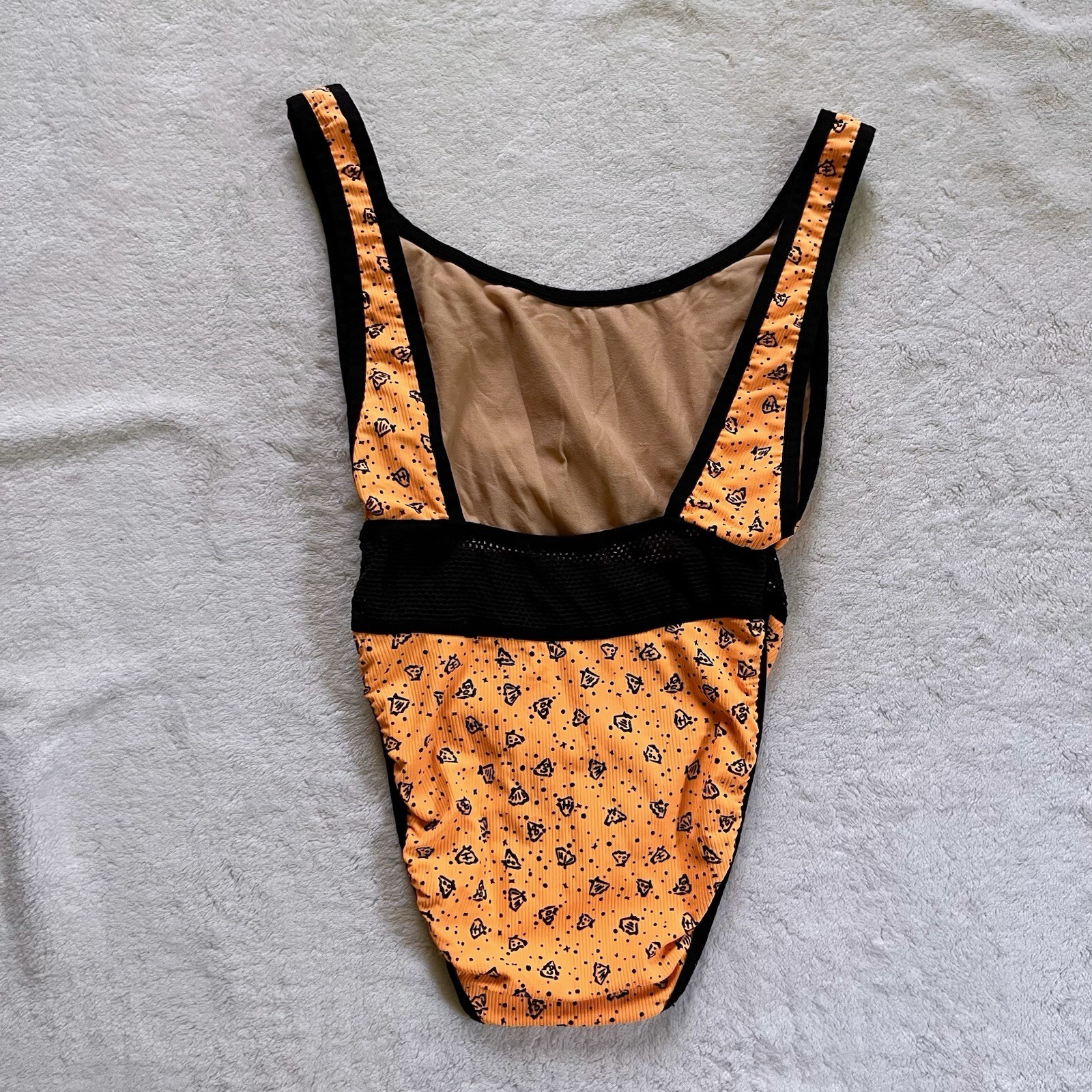 90s Vintage Orange Seashell Print High Cut One Piece Swimsuit S/M