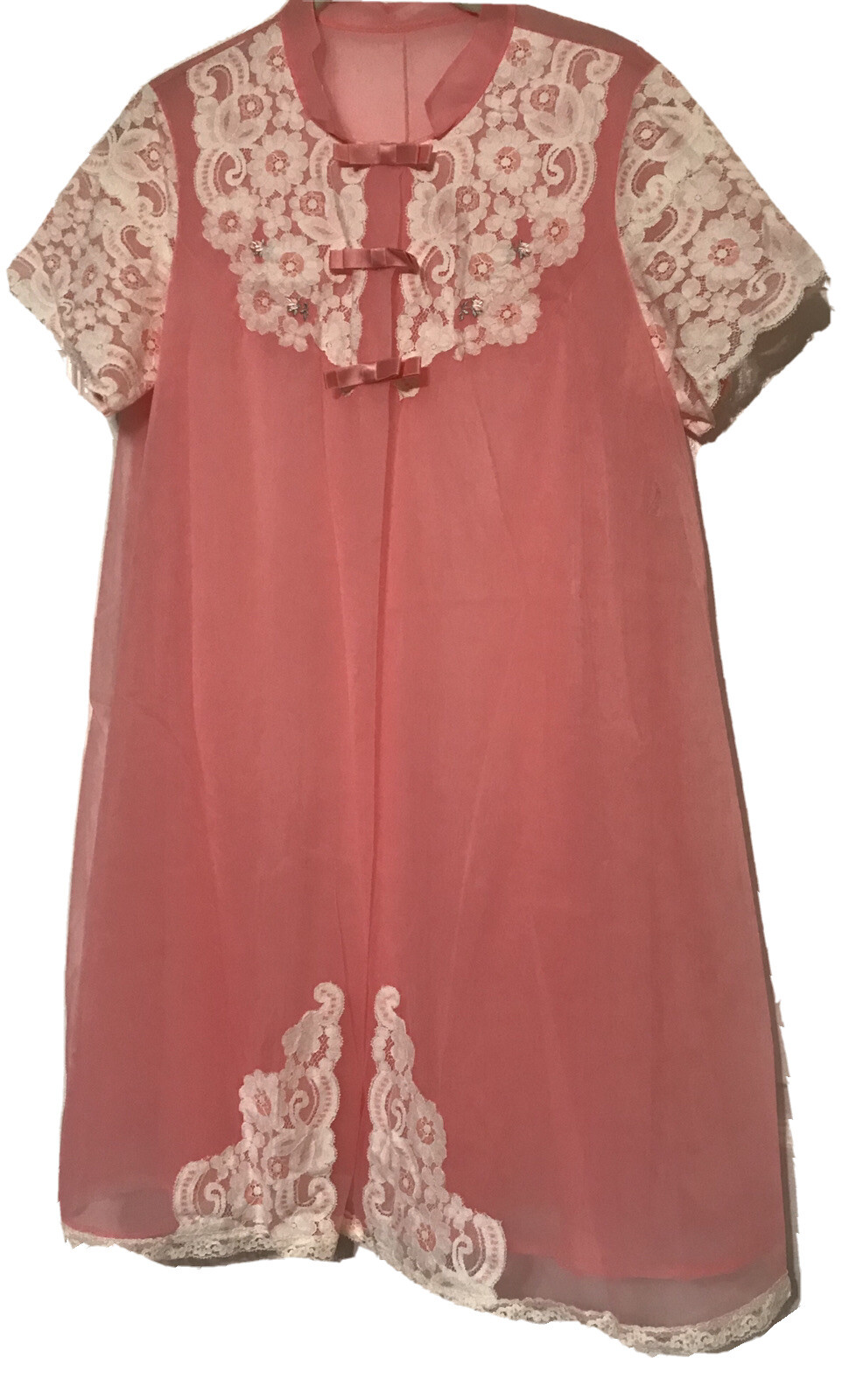 Vintage Shadowline Peach Coverup S Ivory Lace Satin Lingerie Sexy Innocence Robe