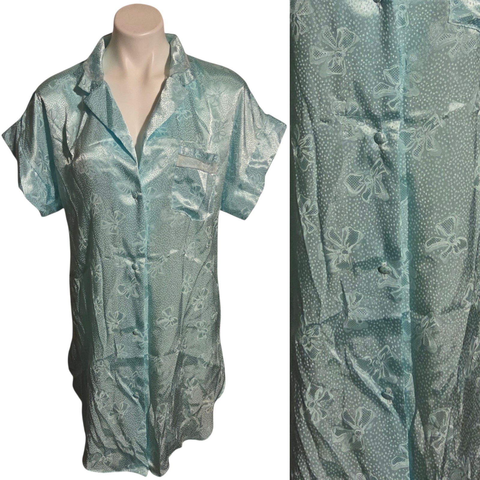 Vintage Lily Of France Sleepwear Medium Blue Nightgown Bow Pattern Embroidered
