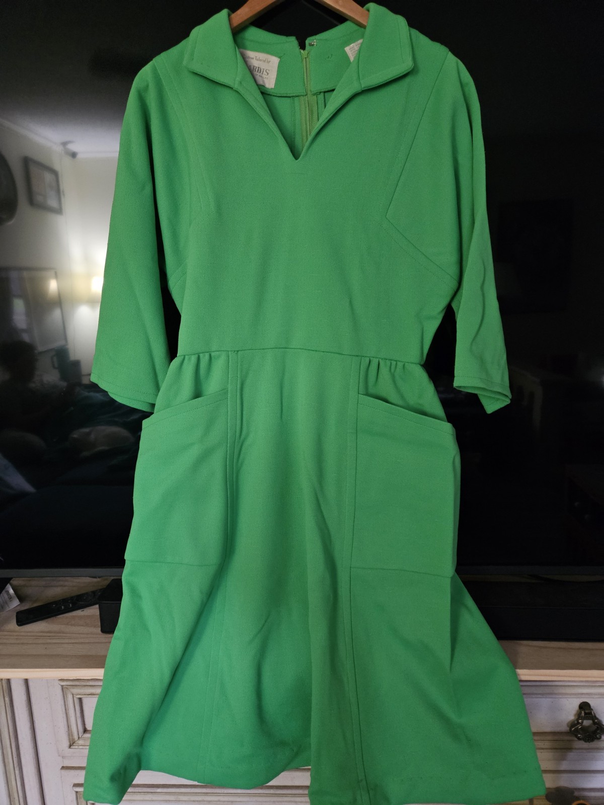 Vintage Nardis of Dallas Green Dress 3/4 Sleeve Dress 42&Prime; SIZE Med Large
