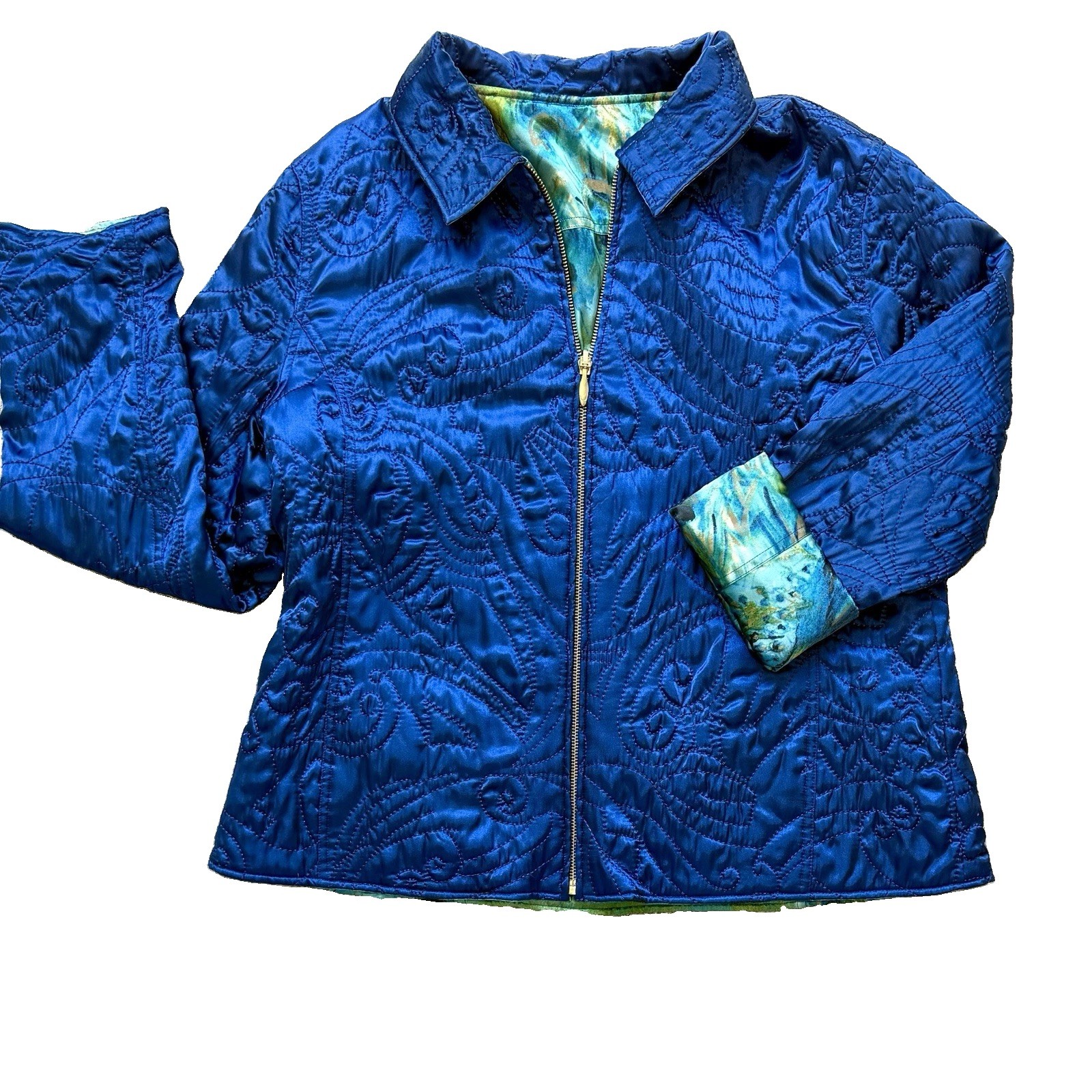 Vintage Reversible Peacock Feather Quilted Jacket Wearable Art Womens XL 80s 90s