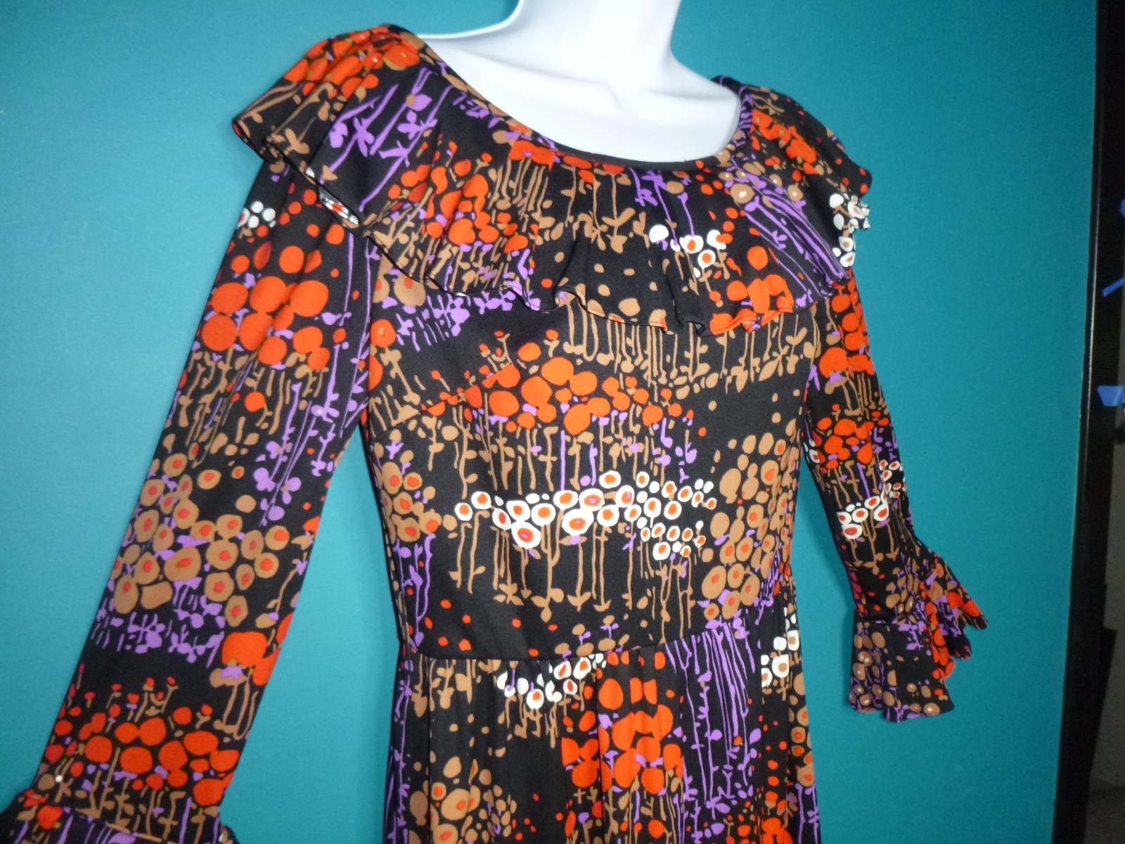 Vtg 70s Dynasty Stretch Poly MOD Maxi Dress Stylized Floral Sz S/M Hong Kong