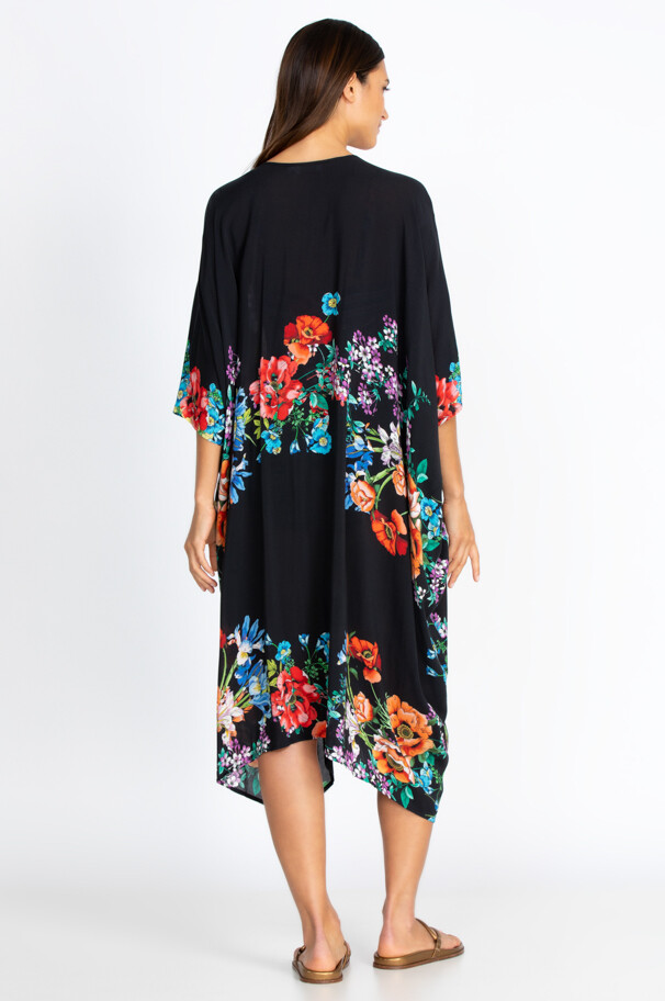 Jonny Was Flowers Arch Midi Kimono Rayon Floral Black Swim Suit Dress S/M NEW