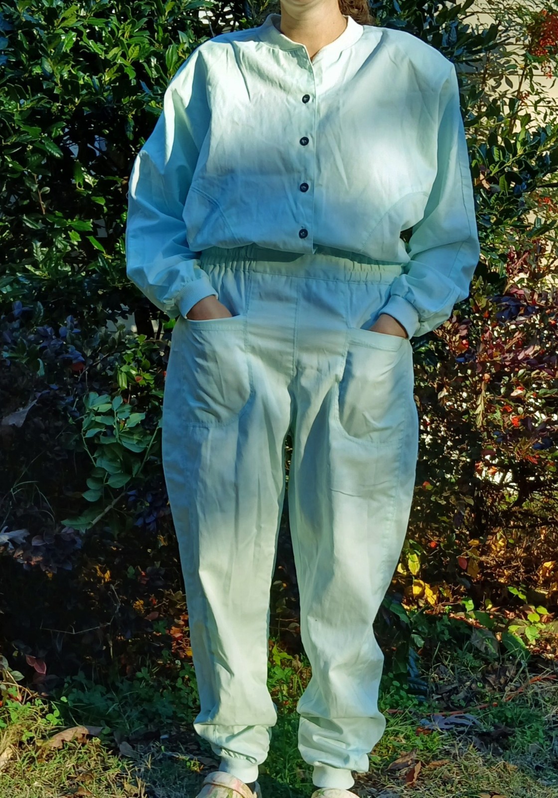 Vtg 80s Mint Jumpsuit – Sz M – Thick Cotton, Removable Shoulder Pads – Pockets