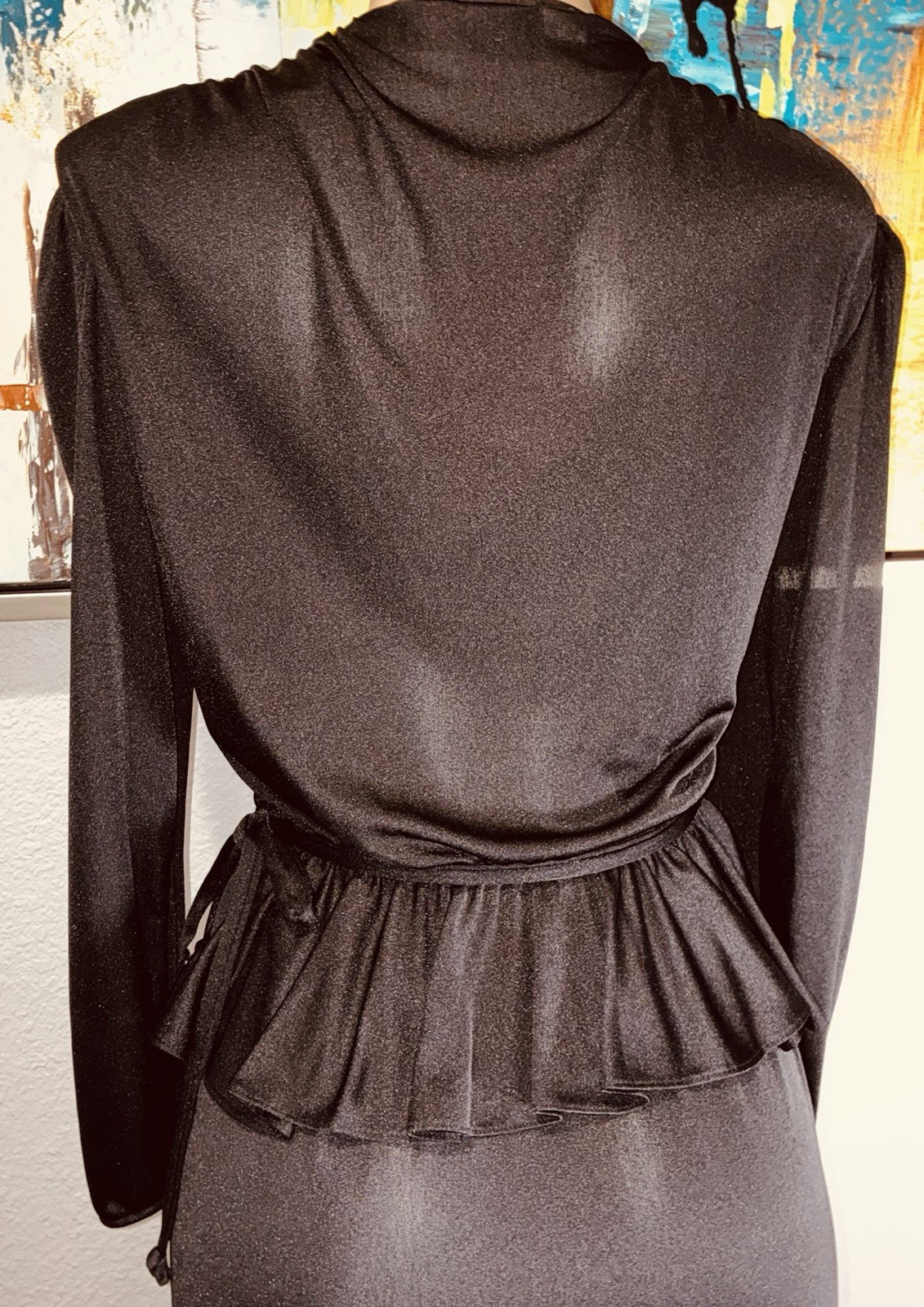 Vtg Billy Jack For Her Black Peplum Cross Wrap Dress 9 10