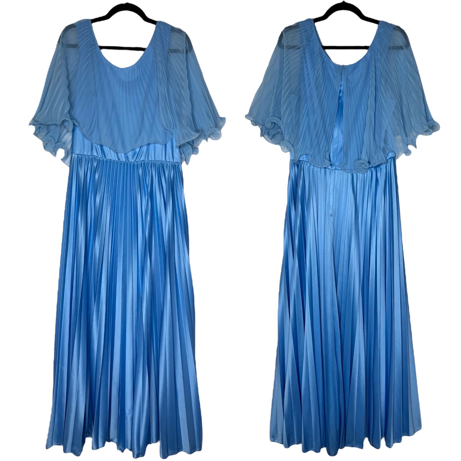 Vintage 70s Pleated Accordian Flutter Cape Maxi Dress Chiffon Gown Womens Blue