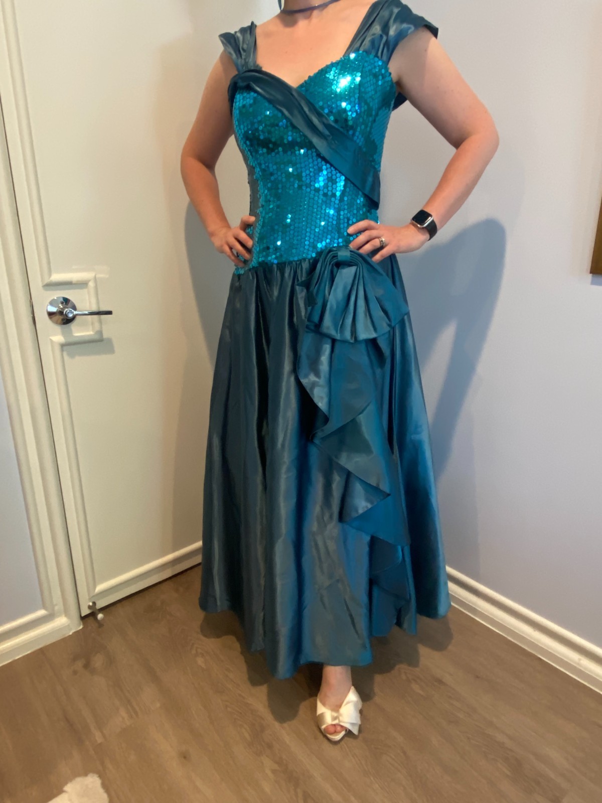 Stunning Vintage 80s Prom Dress Teal Sequin and satin with black crinoline