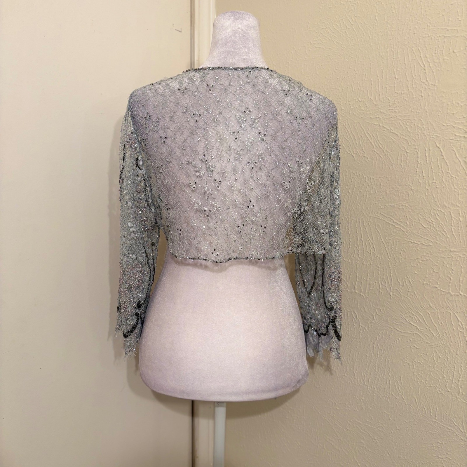 Vintage 70s Light Blue Beaded Sequin Lace Bolero Shrug Art Deco Fairycore Sz 10