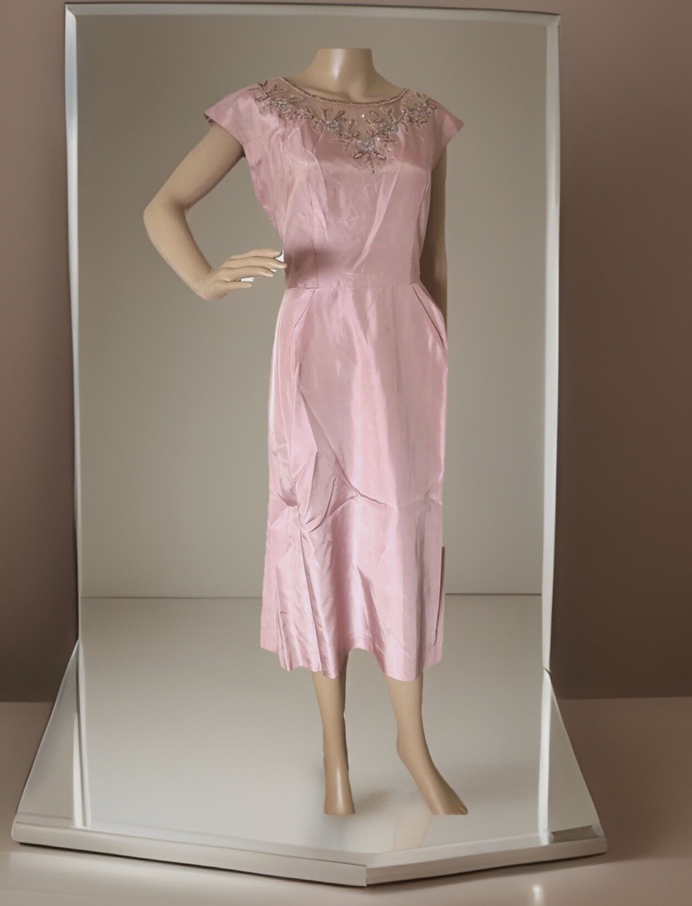 Vtg 1940s “Prima New York” Dress Pink Rayon Taffeta “Train” Beads Rhinestones L