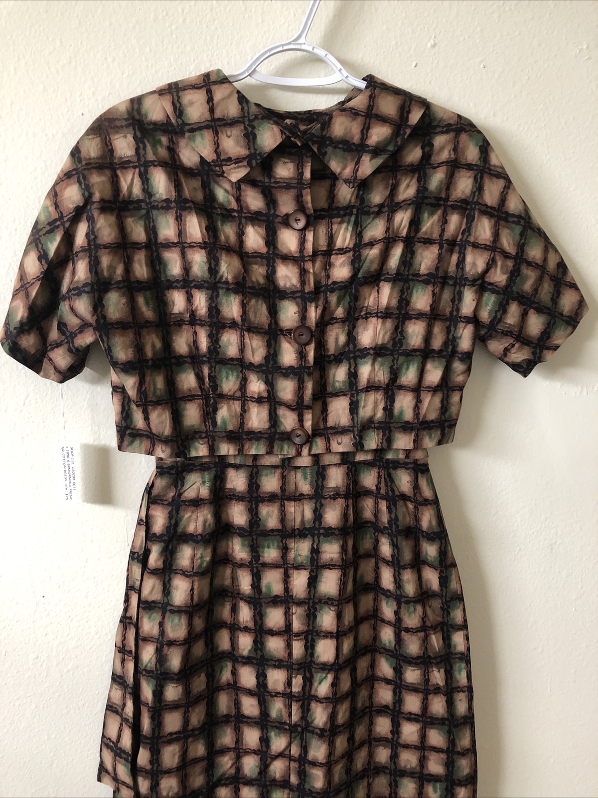 VTG 1950s 3pc Cotton Dress Set Brown Green Black Print Size S/M New Old Stock