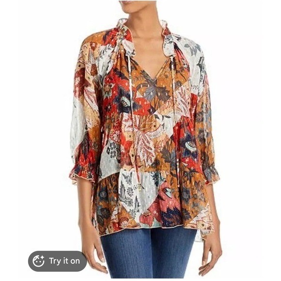 Johnny Was JW Los Angeles Patchwork Floral Tiered Boho Blouse Rust Mustard Small