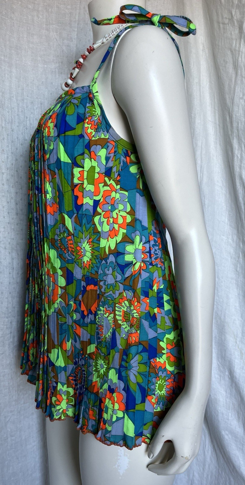 Vintage 60s Mod Go-Go Tank Top Blouse Pleats Retro Floral Summer Beach Resort S