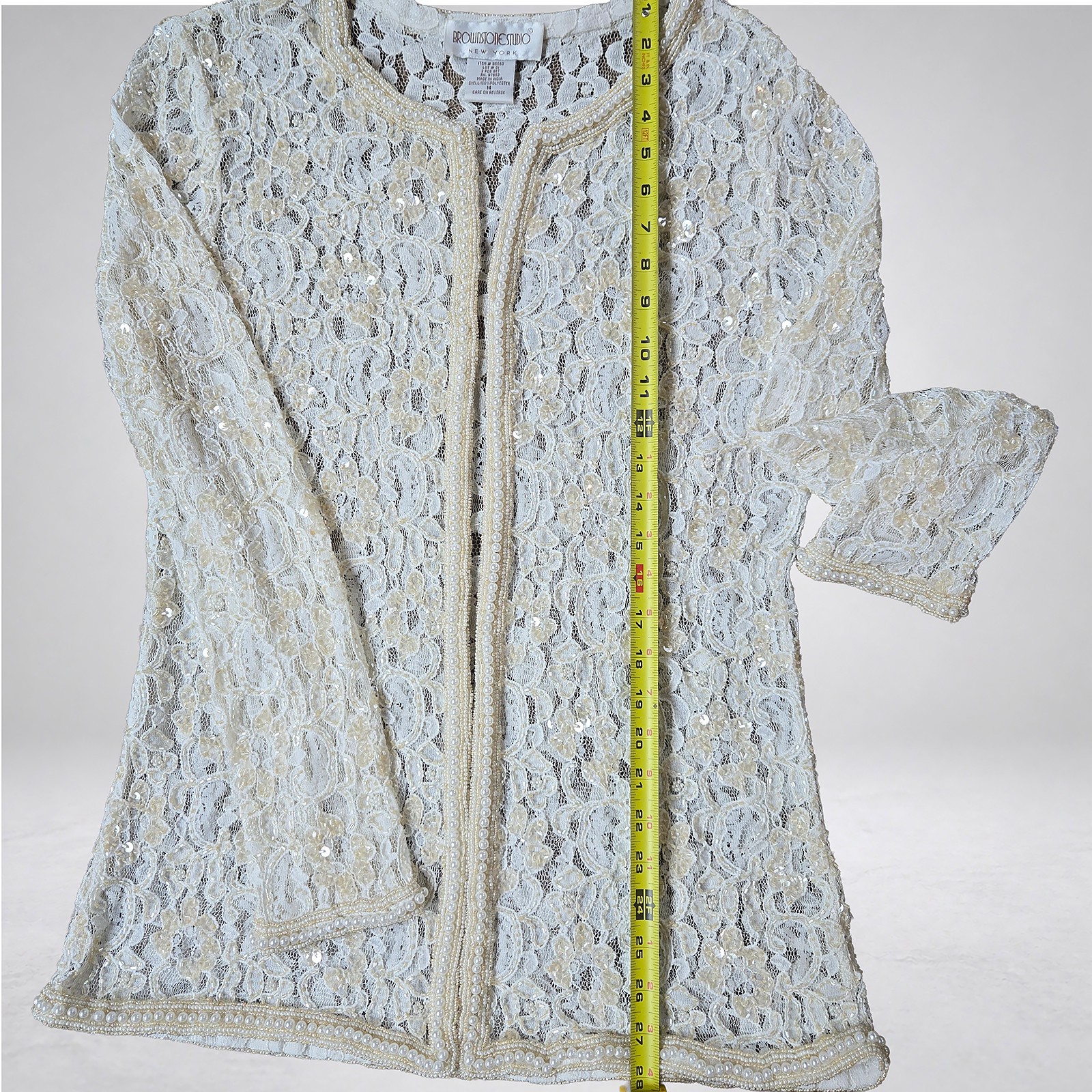 Brownstone Studio New York Lace Jacket Ivory Pearl Trim Sequin Size 14