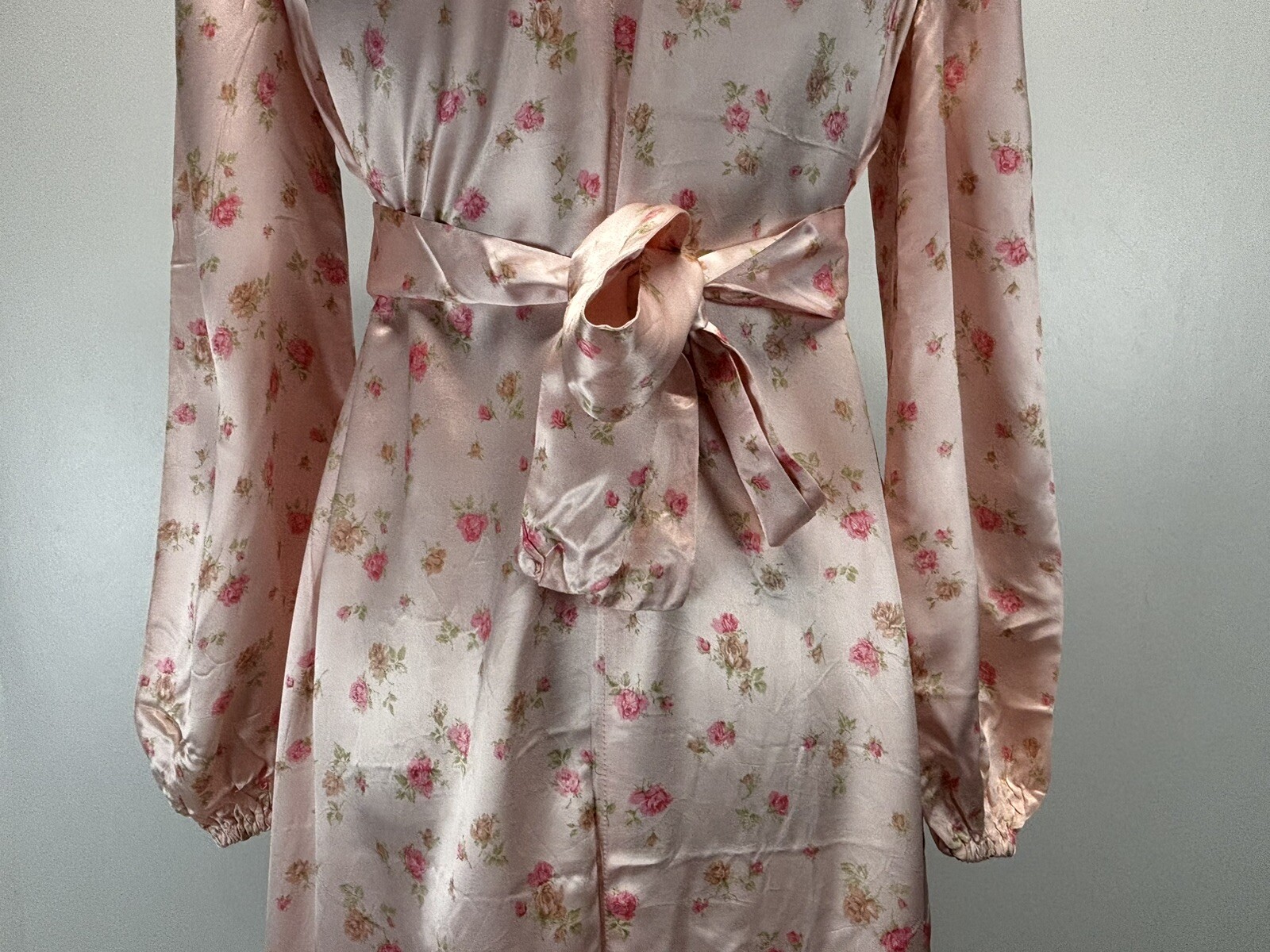 Vtg Handmade Satin Floral Gown Dress Pink Tie Back Cottage Core Prairie Long 70s