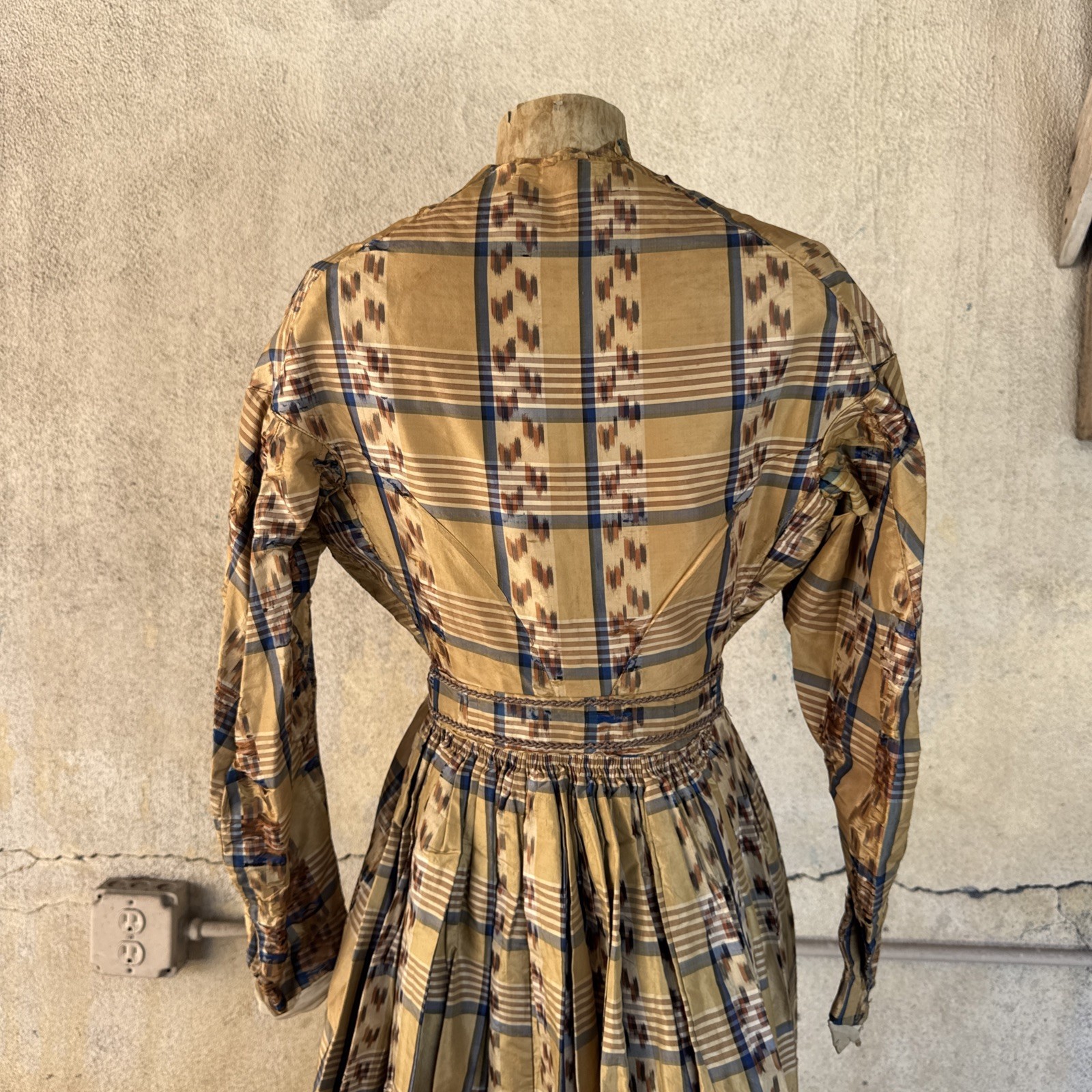 Antique Victorian Brown & Blue Plaid Silk Dress & Cape 1860s Vintage