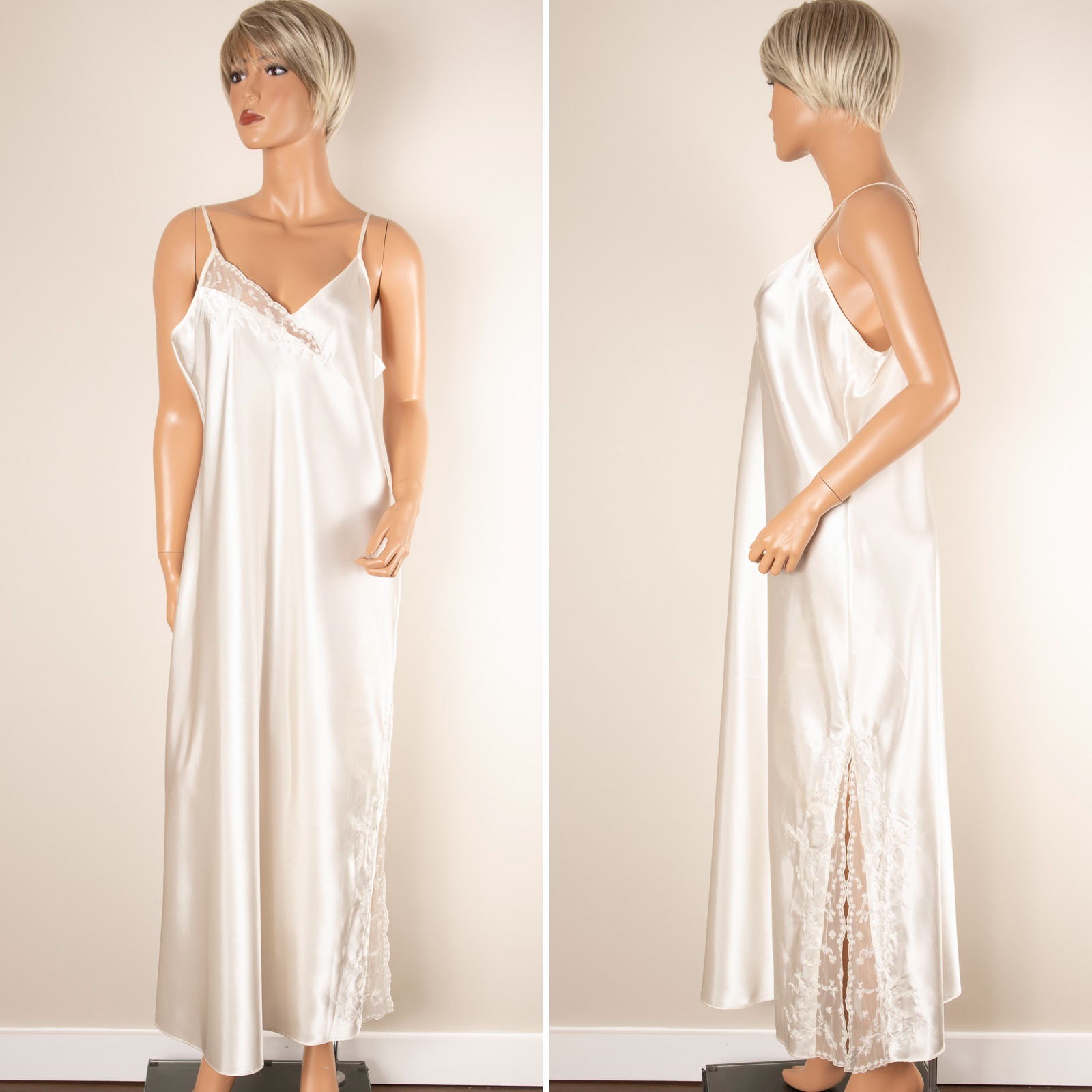 VALERIE STEVENS Maxi Gown Slip Dress Bridal Nightgown Cream Beaded Slit Sz L