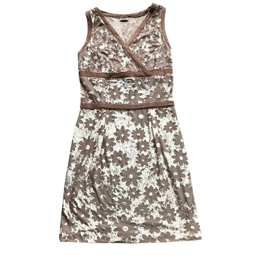 SISON Vintage Tan/Brown Floral Burnout Velvet Mini Dress 70s Style Y2K Fairycore