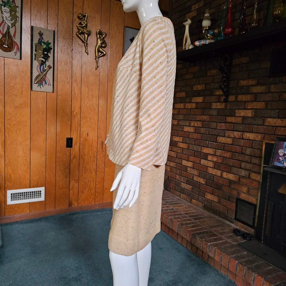 Vtg 70s Mod Rainbow Confetti Knit Oatmeal Stripe Blazer + Mini Shift Dress M/L