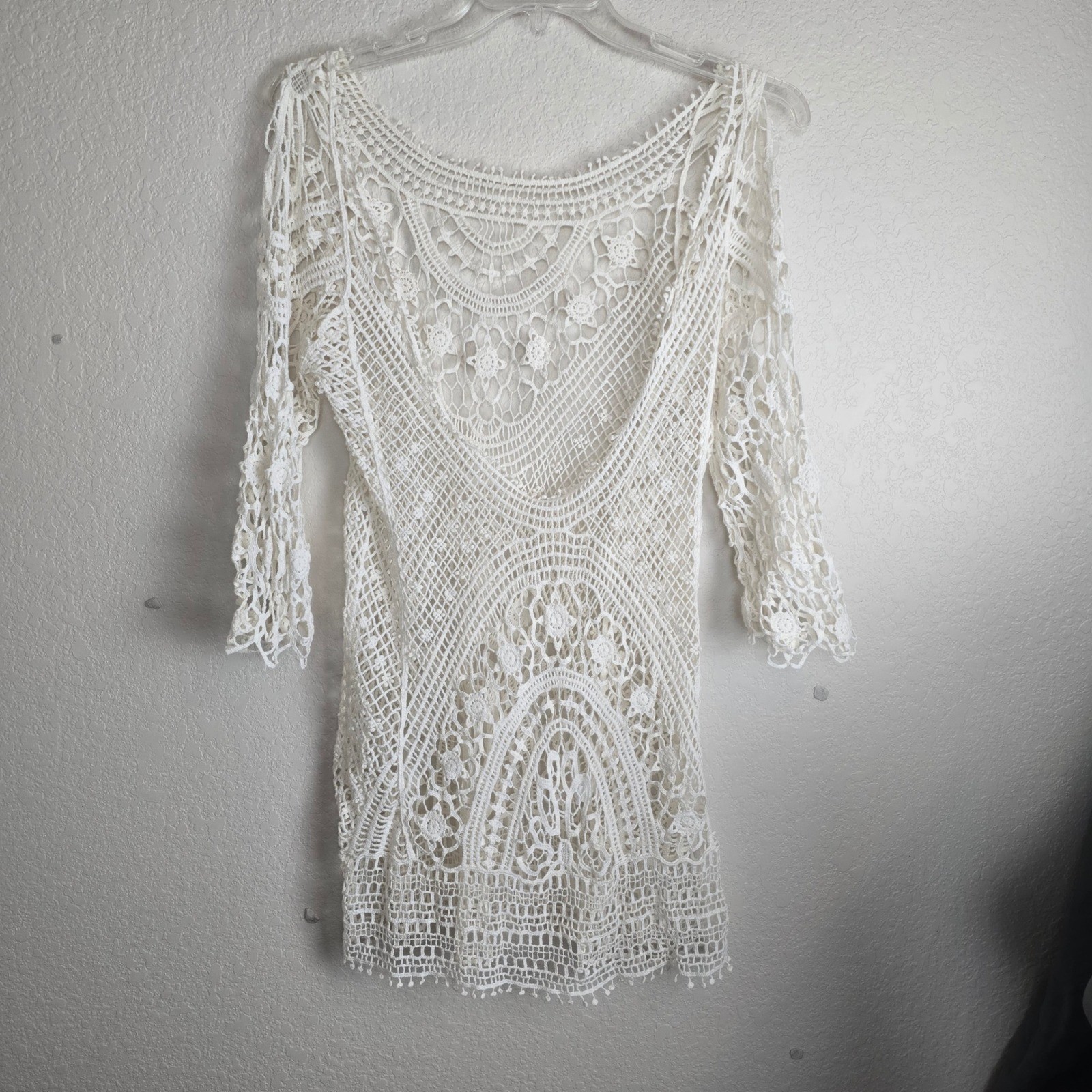 Vintage Crochet Lace Open Back Mini Dress Cream Festival Boho