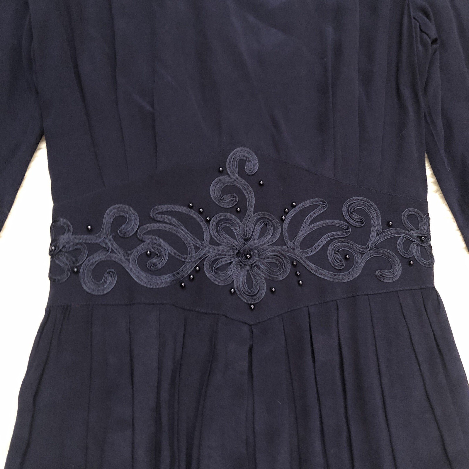Vintage 70s Karin Stevens Beaded Embroidered Whimsical Navy Blue Maxi Dress 6