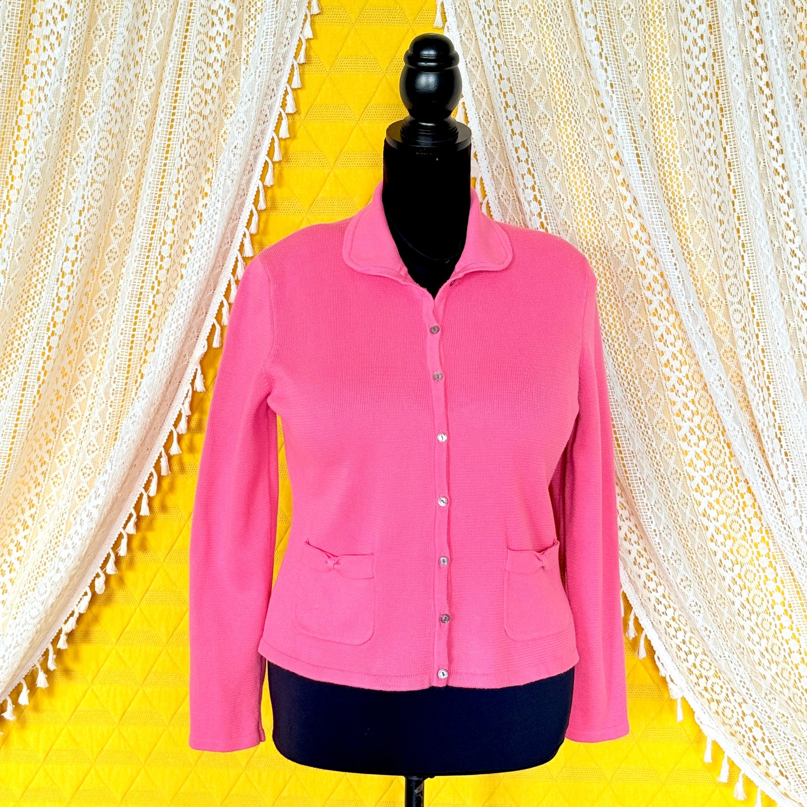 VTG Harold&rsquo;s Pink Bow Collared Twee Cotton Sweater Cardigan Size L