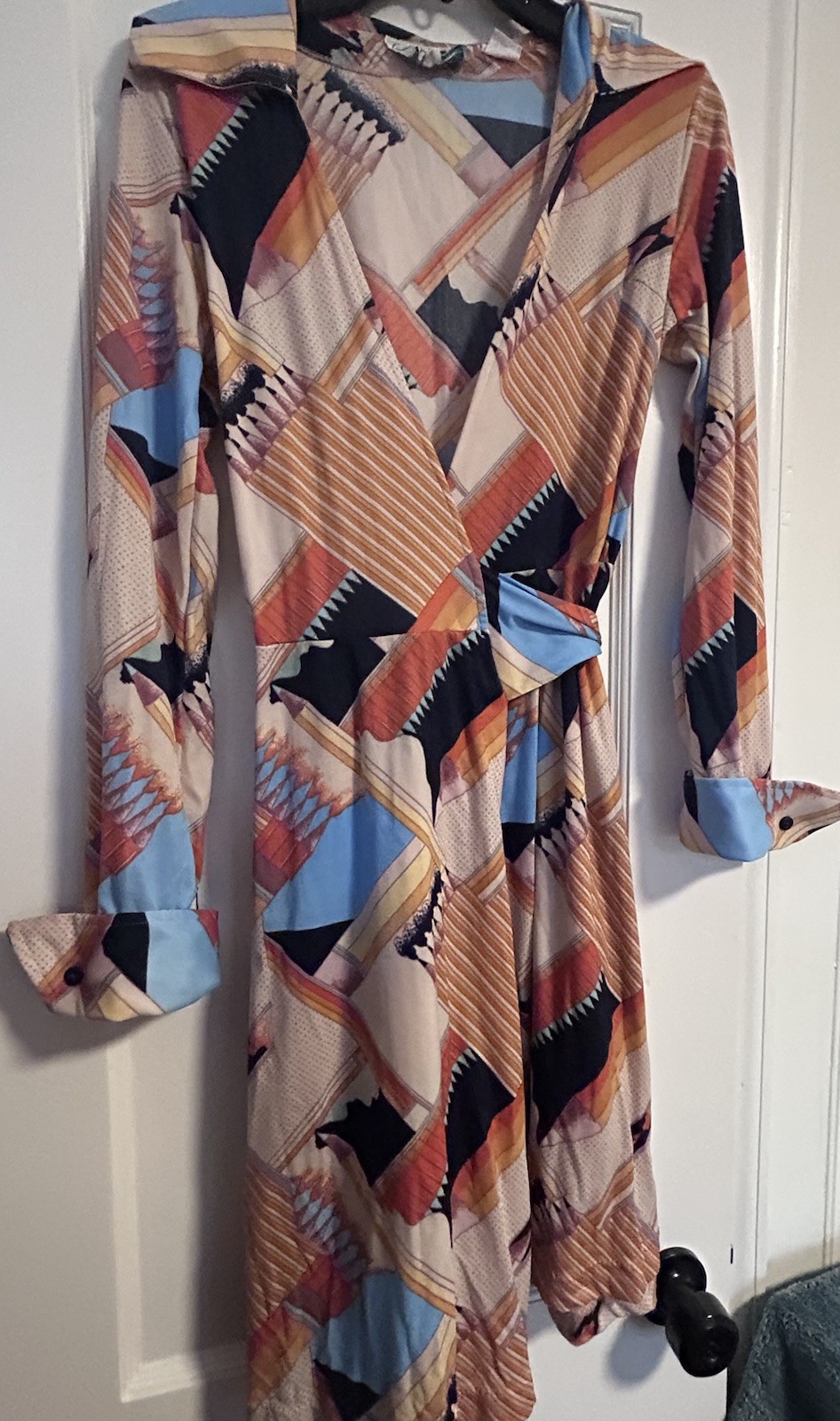 Vintage 70s Huk-A-Poo Wrap Dress Geometric Disco Print XS S Nylon Jersey Mod