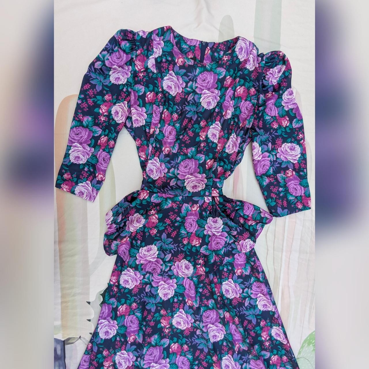 Vintage 80&rsquo;s Tabby of California Purple & Green Floral Rose Peplum Dress